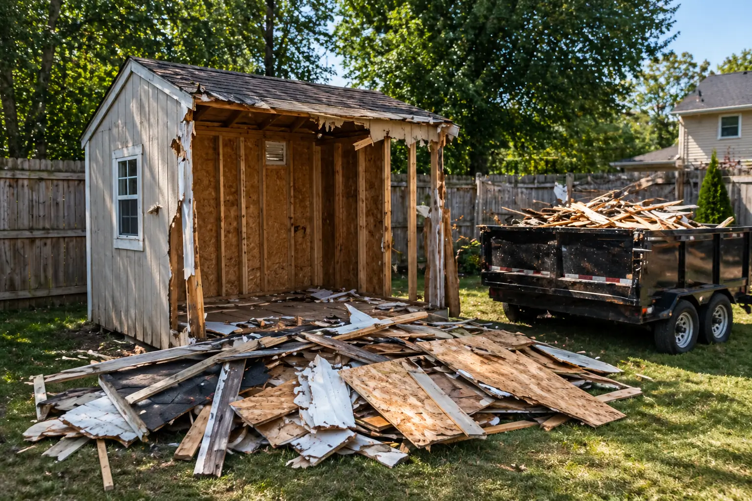 Light demolition service image showing a partially dismantled backyard shed with debris staged for hauling