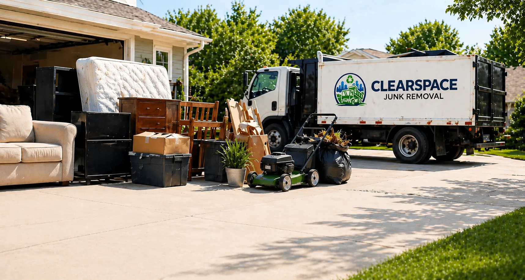 Backyard, garage, or move-out cleanup items staged for removal before a move or property listing