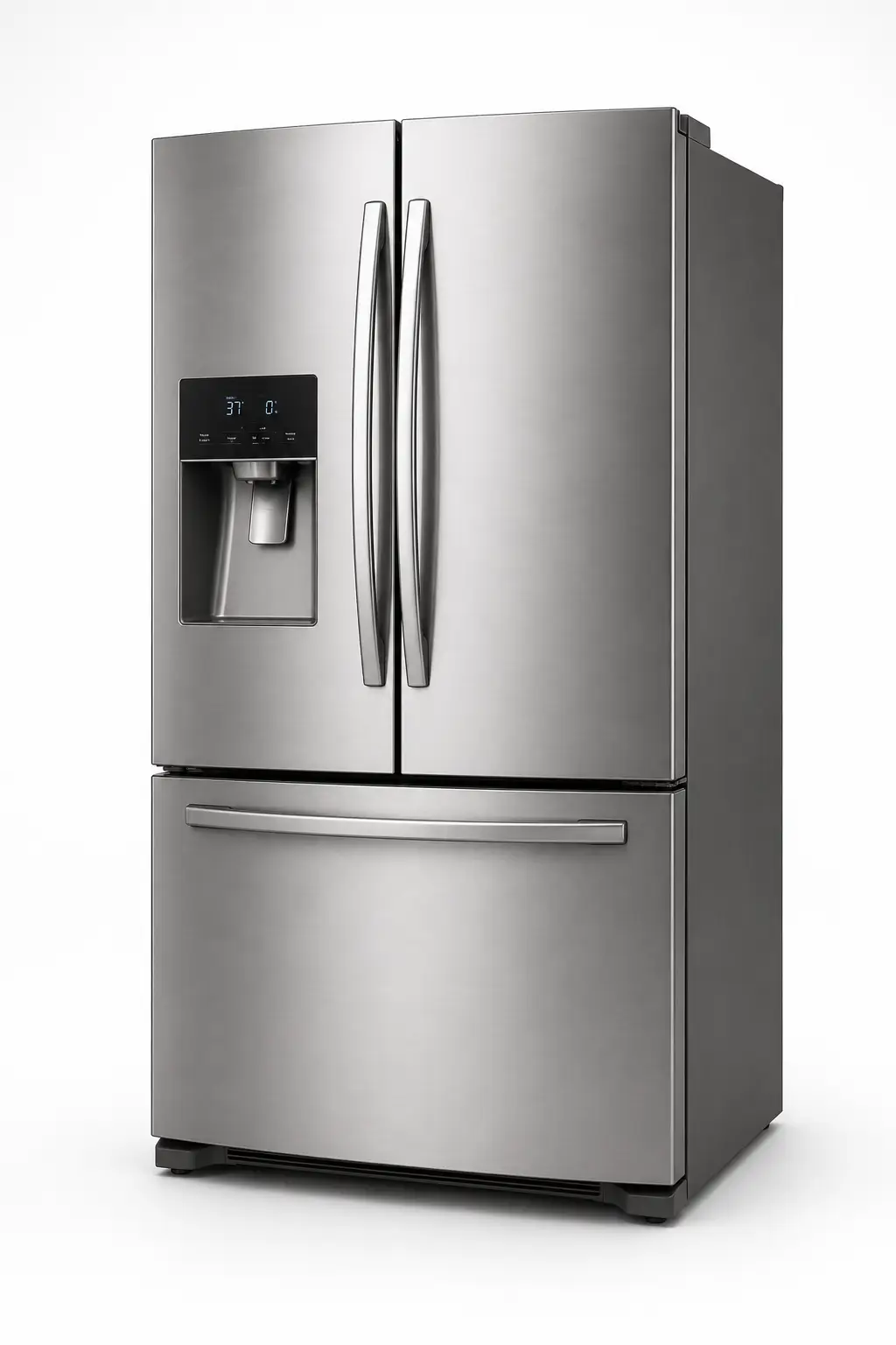 Refrigerator and freezer removal image showing a stainless steel refrigerator with bottom freezer
