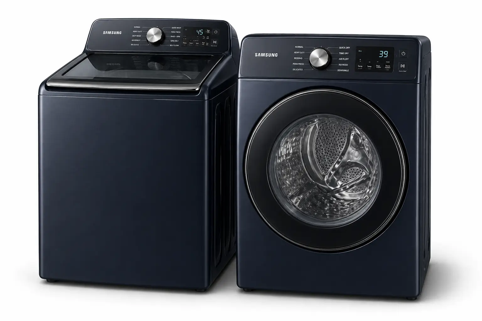 Washer and dryer removal image showing a navy washer and dryer pair