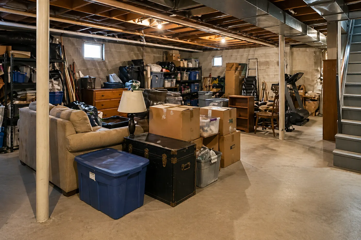 Cluttered unfinished basement with furniture, boxes, bins, and stored household items ready for cleanout