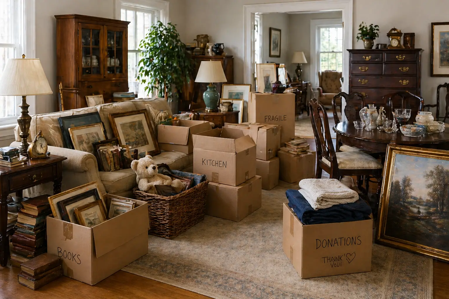 Estate cleanout image showing a respectful interior property transition with furniture, boxes, and household items