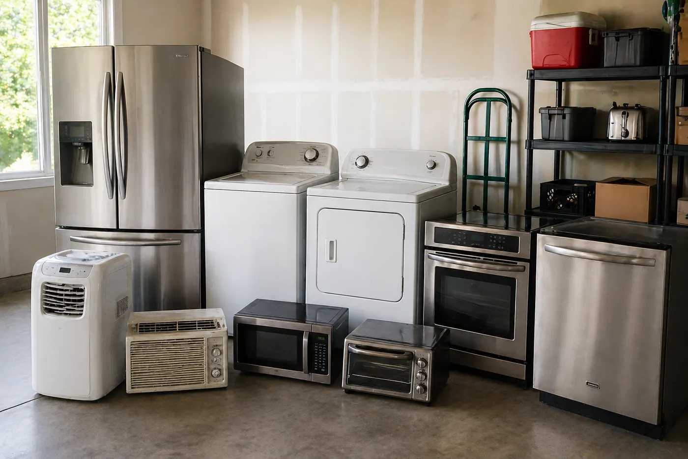 Appliances staged for removal including refrigerator, washer, dryer, and small appliances
