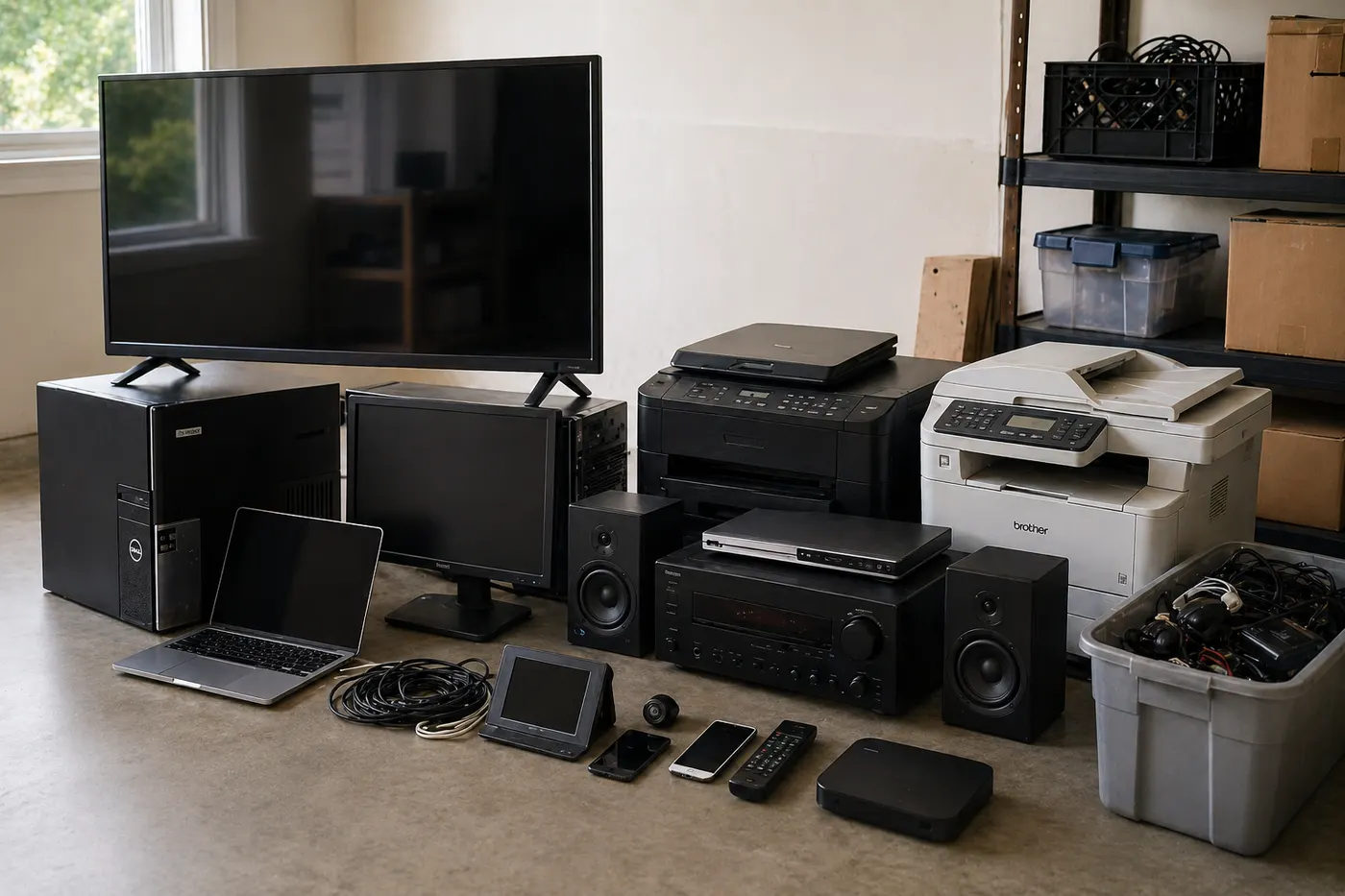 Electronics staged for removal including TV, monitor, printer, and computer equipment