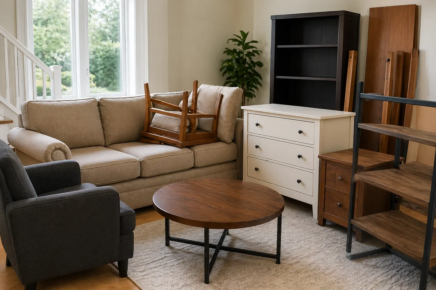 Furniture items staged for junk removal including sofa, table, chair, and shelving