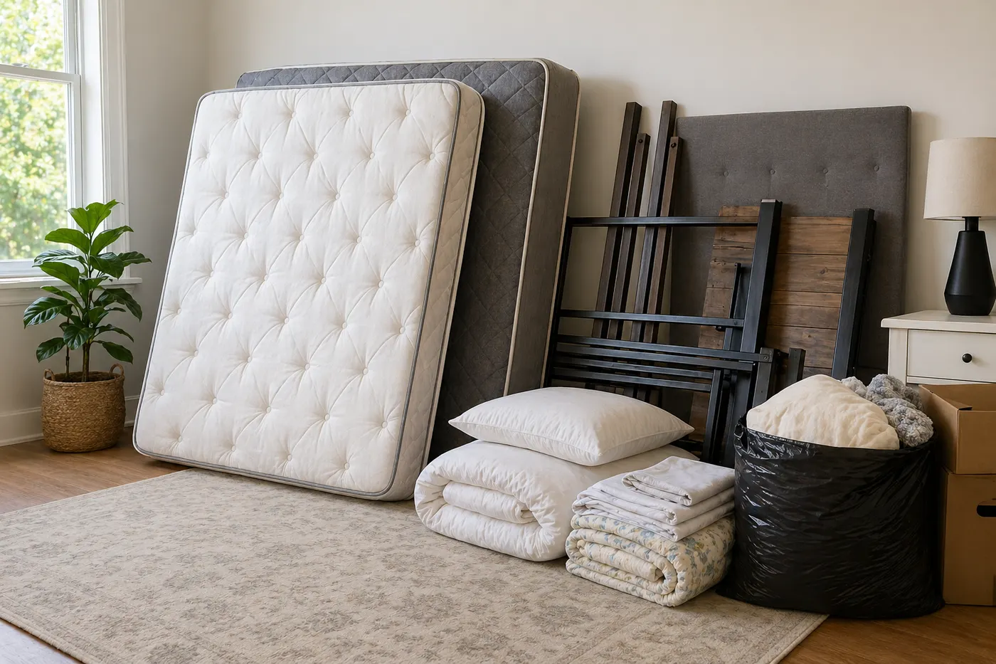 Mattress, box spring, bedding, and bed frame items staged for removal