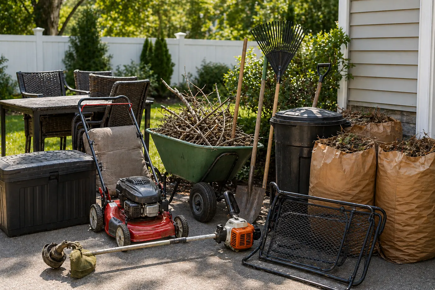 Outdoor furniture, lawn equipment, tools, and yard debris staged for removal