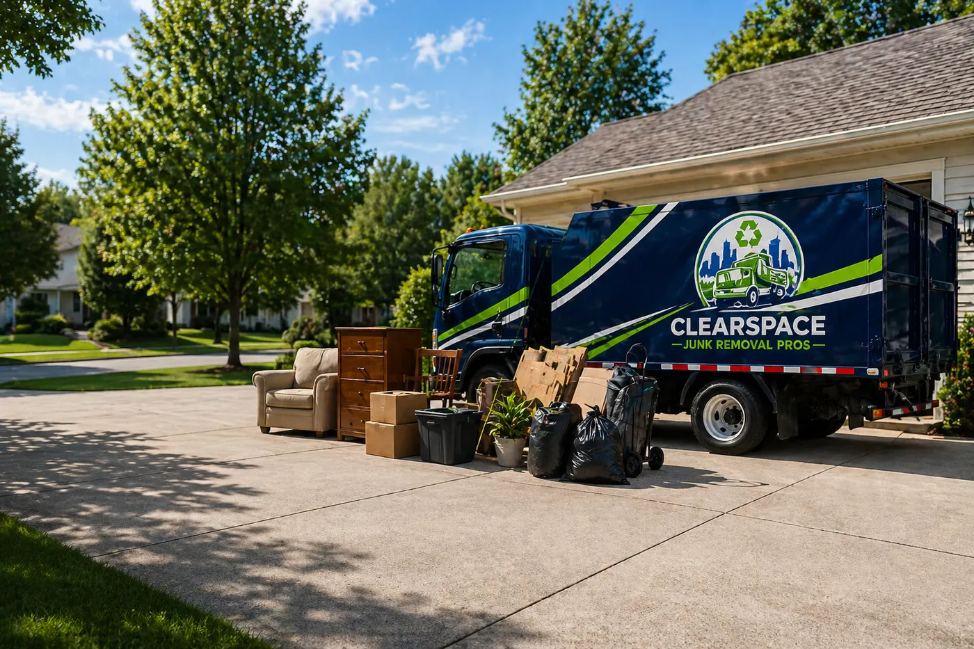 Same-day junk removal service image showing a ClearSpace truck in a sunny driveway with furniture loaded for pickup