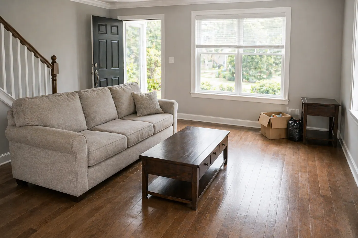 Mostly empty living room with sofa, table, boxes, and leftover items for property cleanup