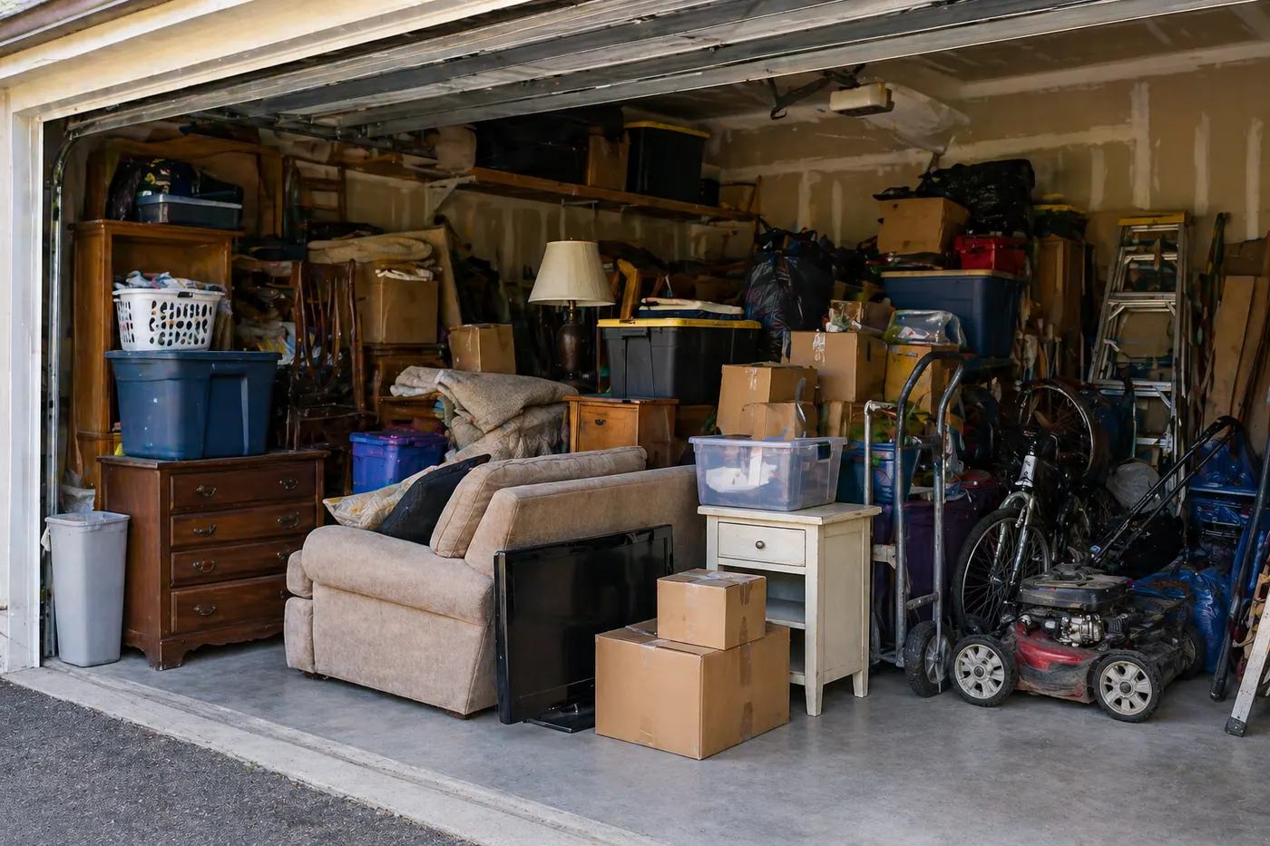 Garage cleanout scene with boxes, bins, tools, furniture, and stored household items