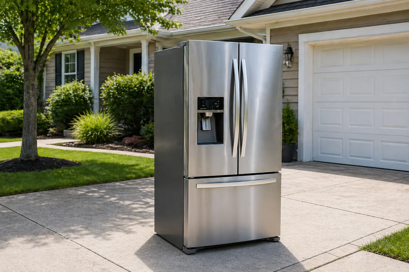 Stainless steel refrigerator staged in a driveway for single-item junk removal pickup