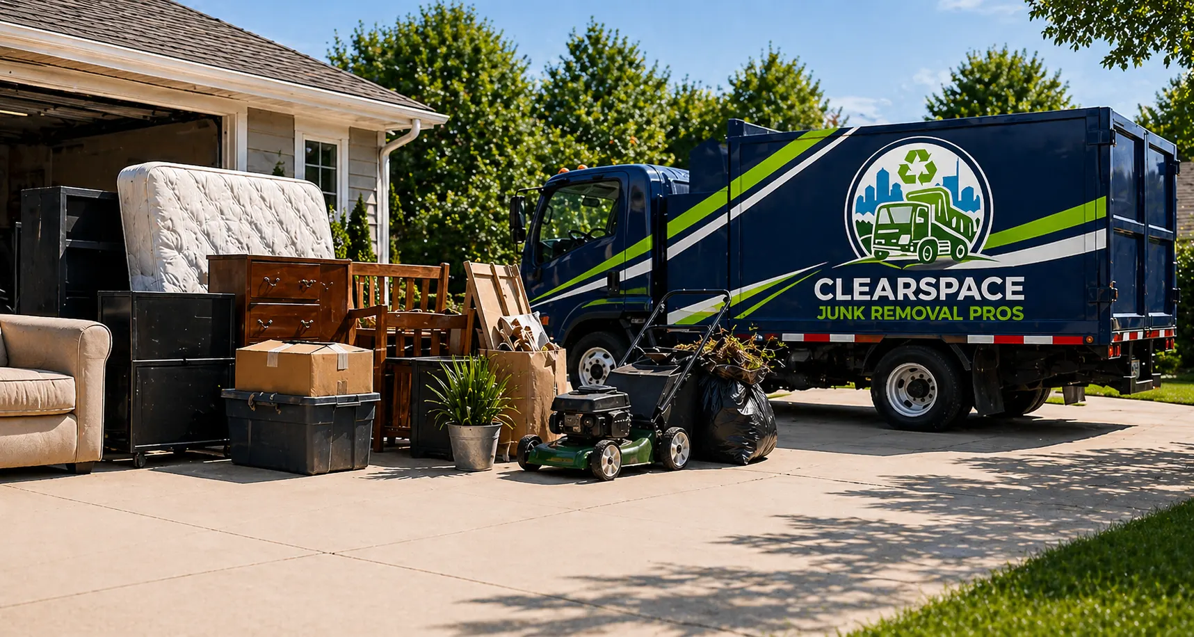 Suburban driveway with junk and household items staged for removal