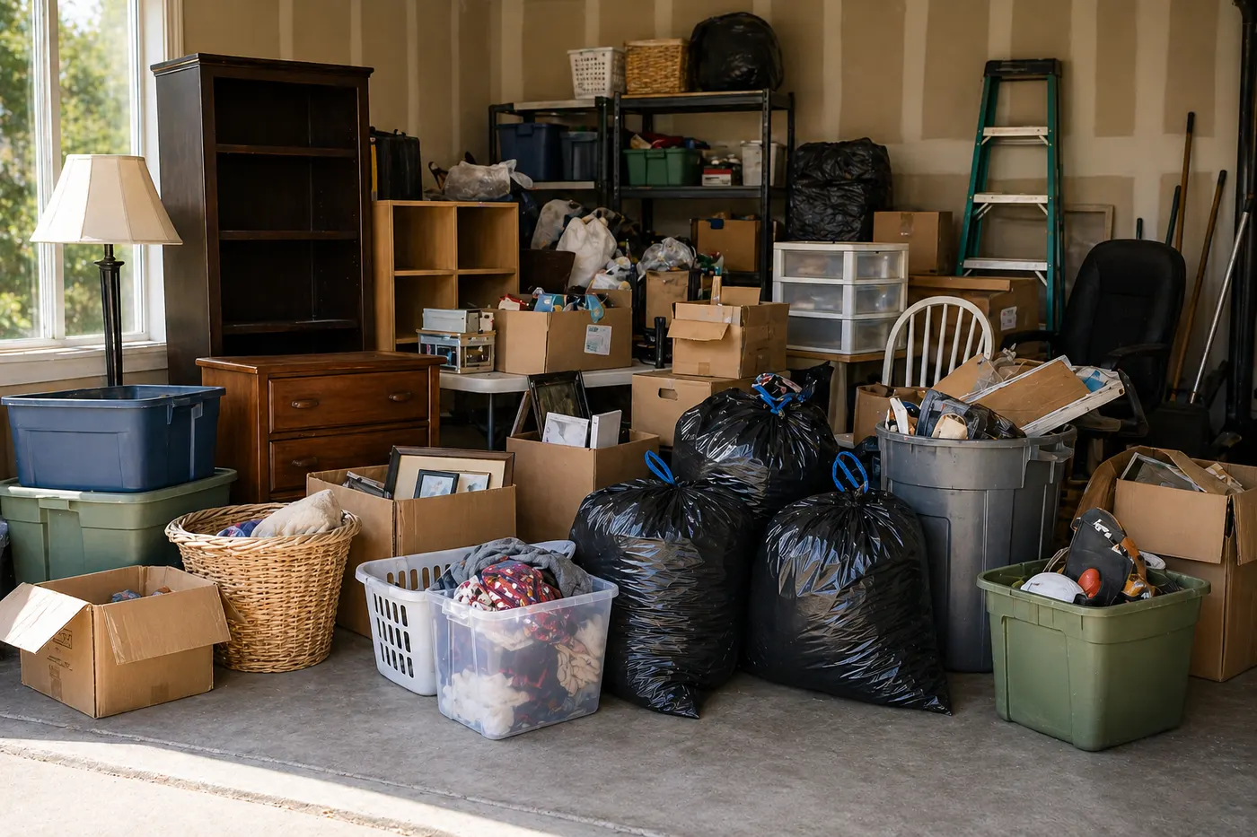 Cluttered garage with boxes, bags, and household goods staged for cleanout removal